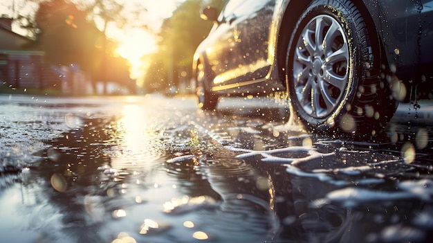 Carro recém-lavado sob a luz solar com gotas de água espumante na superfície