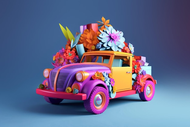 Carro retrô com caixas de correio de papelão e flores em um fundo laranja Generative AI