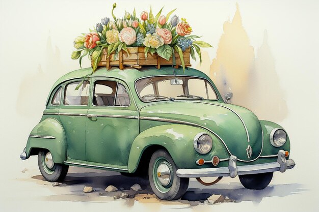 carro retro com tulipas e presentes em 8 de março na rua em desenho de aquarela de primavera