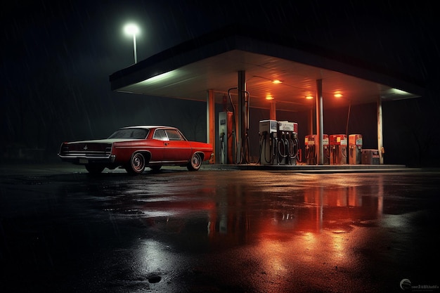 carro retro em um posto de gasolina retro à noite AI Gerado