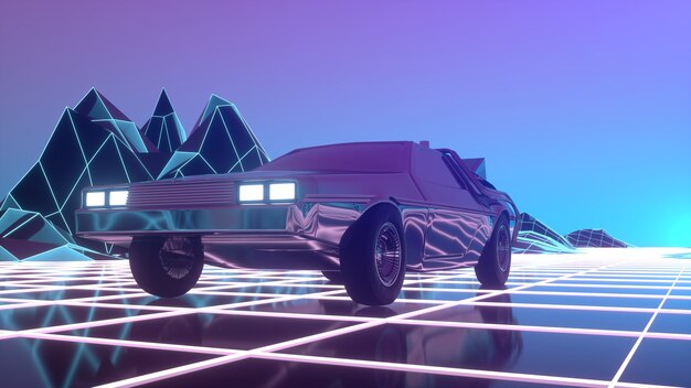 Foto carro retro futurista no estilo dos anos 80 se move em uma paisagem de neon virtual. ilustração 3d.