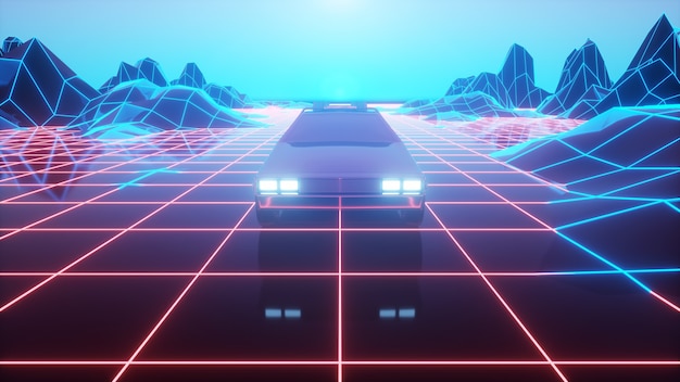 Carro retro futurista se move em uma paisagem virtual de neon