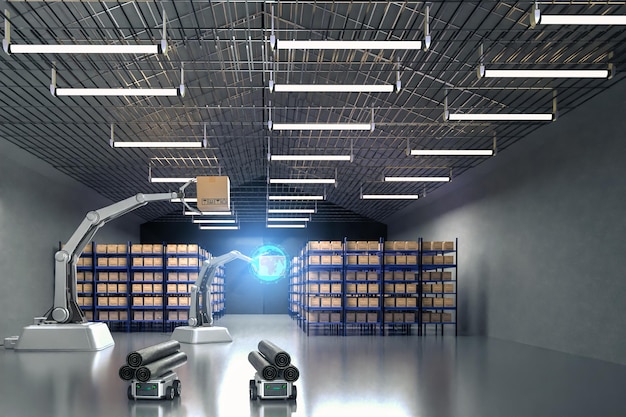 Carro Robô transporta caixa de caminhão com interface AI Objeto para tecnologia da indústria de manufatura Exportação e importação de produtos do futuro Robô cibernético no armazém pela tecnologia futura mecânica da Arm