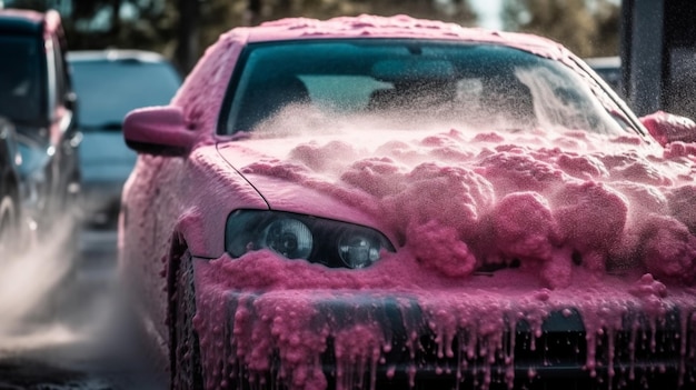 Carro rosa coberto de espuma em um estacionamento