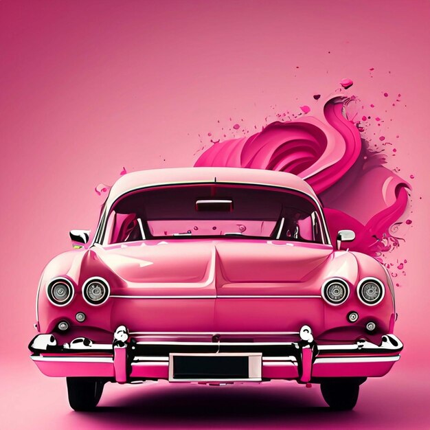 Carro rosa com laço grande isolado em fundo rosa