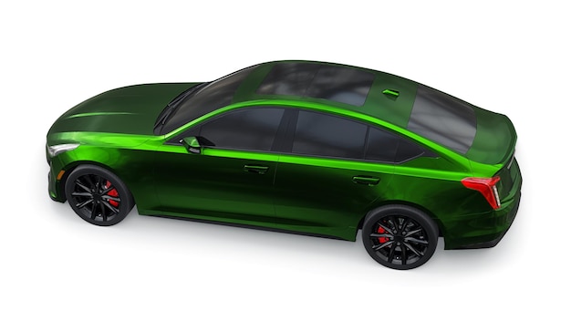 Carro sedan de negócios premium verde em uma configuração esportiva em uma renderização 3d de fundo branco