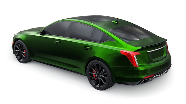 Carro sedan de negócios premium verde em uma configuração esportiva em uma renderização 3d de fundo branco