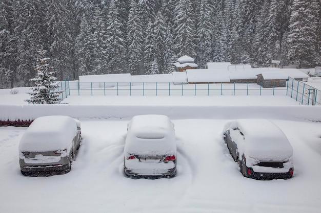 Carro sob uma espessa camada de neve Três carros cobertos de neve durante uma nevasca de inverno
