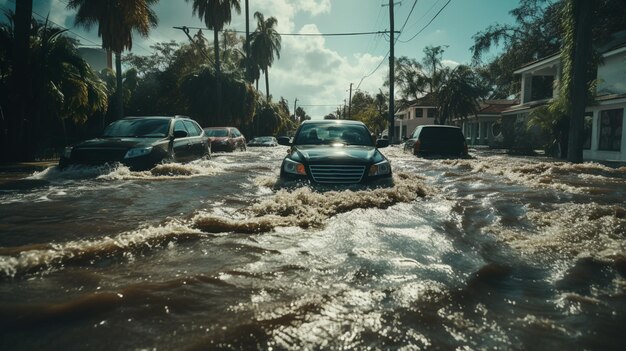 Carro submerso em águas de inundação