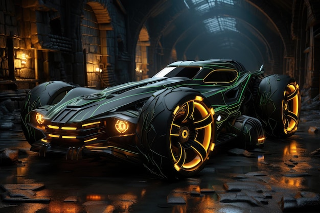 carro super tuning no estilo hotwheels em fundo de fogo e chama helloween