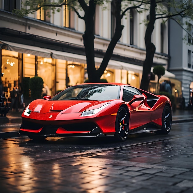 Carro super vermelho em uma cidade