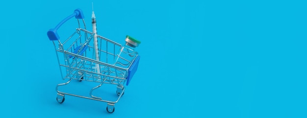 Carro de supermercado con jeringas y ampollas sobre fondo azul panorama