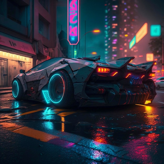 Carro Supersport estacionado na rua na cidade cyberpunk