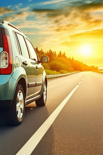 Foto carro suv compacto azul com esporte e design moderno estacionado em uma estrada de concreto ao lado do mar ao pôr do sol