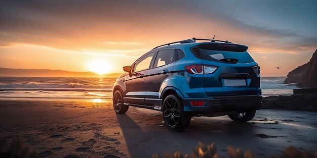 Carro SUV compacto e design moderno em estrada de concreto no mar de belo pôr do sol Vista frontal do novo carro SUV de luxo Gerar Ai