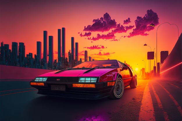 Carro Synthwave na cidade