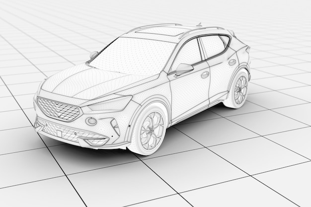 Foto carro urbano wireframe genérico sem marca em uma plataforma de arame