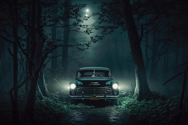 Carro velho em uma floresta mística escura e assustadora à noite Generative AI