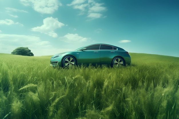 Foto carro verde em um campo de trigo