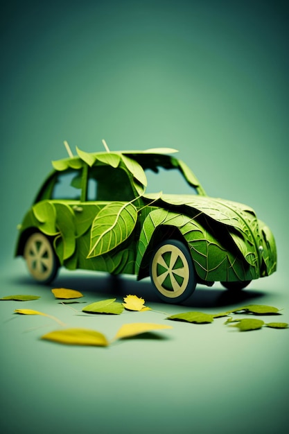 Carro verde feito de folhas sobre a mesa ao lado de folhas Generative AI