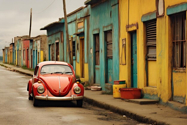 Carro vermelho antigo estacionado nas ruas de Trinidad Cuba