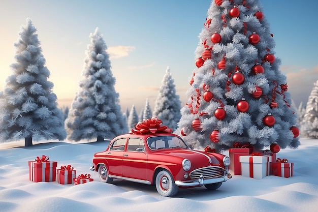 Carro vermelho com presentes neve ano novo 2024 decorações de árvore de Natal inverno e conceito de férias renderização 3D