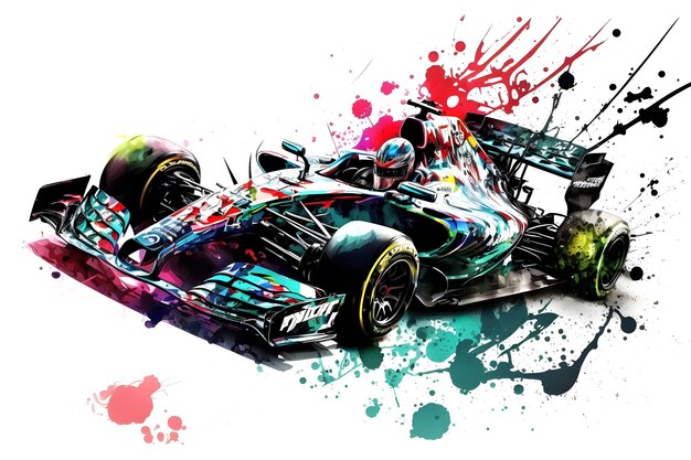 Carro vermelho de corrida de Fórmula 1 em respingo de arco-íris de aquarela isolado em arte gerada por rede neural branca