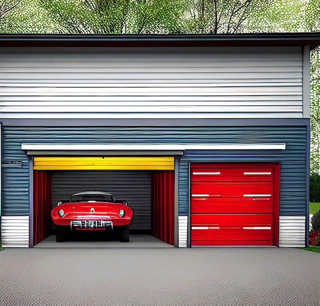 Foto carro vermelho na garagem moderna com porta de enrolar