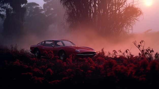 Carro vermelho num campo de flores vermelhas Uma cena noturna misteriosa