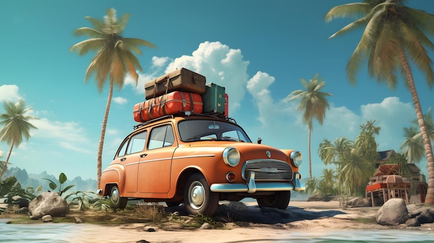 Carro vintage com bagagem em fundo de ilha tropical