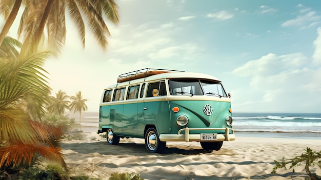 Carro vintage com bagagem na praia conceito de férias de verão
