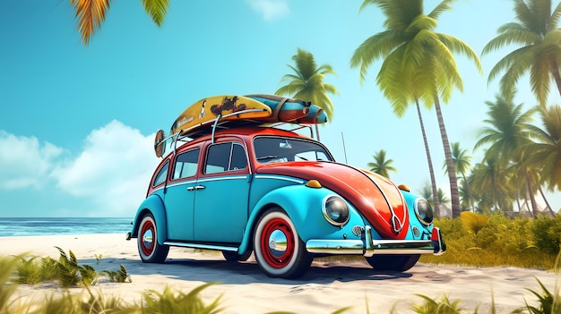 Carro vintage com bagagem na praia