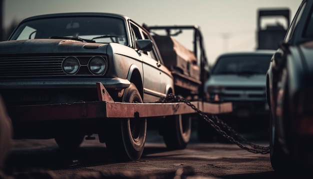 Carro vintage dirigindo ao ar livre com metal enferrujado e farol cromado gerado por IA