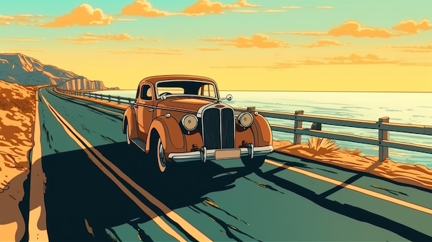 Foto carro vintage dirigindo em uma estrada costeira conceito de fantasia pintura de ilustração