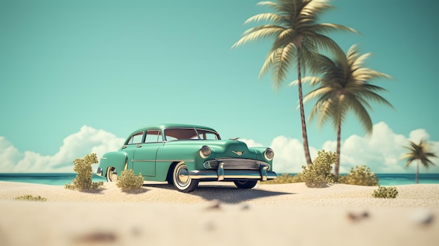 Carro vintage na praia com palmeiras