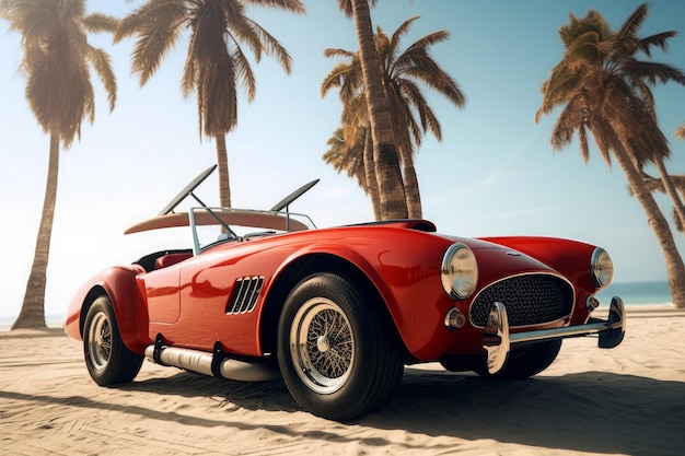 Carro vintage vermelho em uma praia por uma palmeira no estilo de maravilhas tecnológicas gerado AI