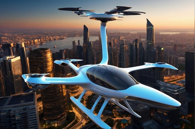 Carro voador futurista sobre a paisagem urbana