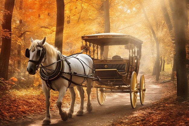 Foto carroça puxada por cavalos atravessando uma floresta de outono