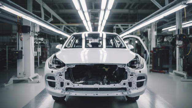 Las carrocerías de los automóviles eléctricos se encuentran en la fábrica de la línea de montaje para la producción de automóviles en la industria automotriz moderna, un automóvil que se revisa antes de ser pintado en una empresa de alta tecnología