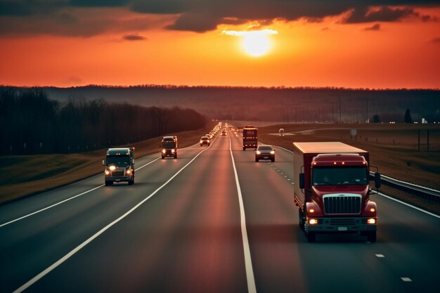 Foto carros a descer uma auto-estrada ao pôr do sol