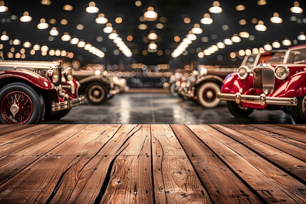 Carros antigos elegantes exibidos em uma luxuosa sala de exposições com iluminação atmosférica e polidos