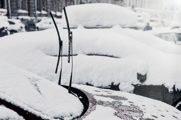 Carros cobertos de neve espessa após queda de neve, vidro congelado, clima de inverno