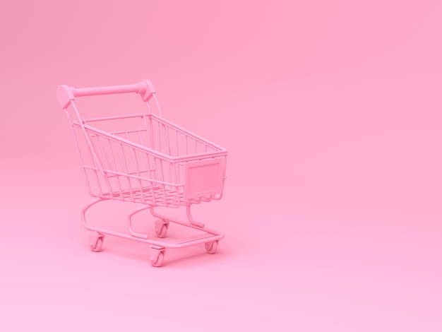 Carros de compras de color rosa con ilustración de representación 3d de fondo rosa