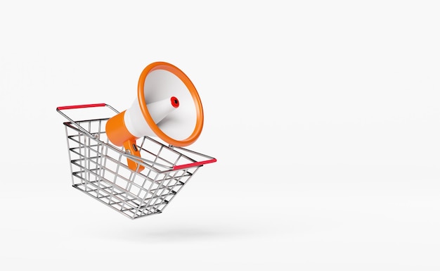 Carros de compras o cestas de acero inoxidable vacíos con megáfono altavoz de mano aislado sobre fondo blanco concepto de compras en línea ilustración 3D o renderización 3D