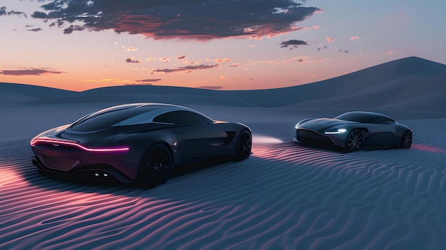 Carros conceituais num deserto ao crepúsculo design automotivo futurista dois veículos exibindo tecnologia inovadora e estilo ao pôr do sol IA