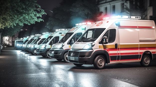 Carros de ambulância seguidos em um estacionamento de ilustração gerada por IA de hospital