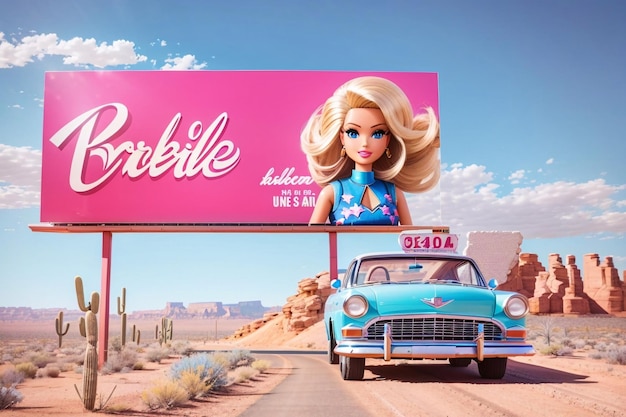 Carros de táxi clássicos passam por outdoors da Barbie