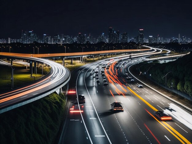 Carros de tráfego noturno na estrada rodoviária na noite do pôr do sol na vista urbana da cidade movimentada tonificada com ret