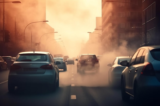 carros dirigindo por uma rua no meio de uma cidade com muita fumaça generativa ai