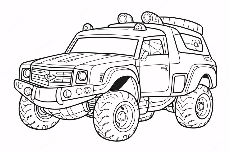 Foto carros e caminhões bonitos com rodas grandes arte de linha desenhada à mão ilustração de livro de colorir para crianças kawaii